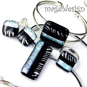  EXKLUZÍV  Fekete ezüst zebra üvegékszer szett nyaklánc, karkötő, gyűrű fülbevaló - Anyák napjára, ballgásra - ékszer - ékszerszett - Meska.hu