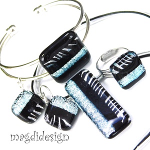 EXKLUZÍV Fekete ezüst zebra üvegékszer szett nyaklánc, karkötő, gyűrű, fülbevaló - Anyák napjára, ballgásra - ékszer - ékszerszett - Meska.hu