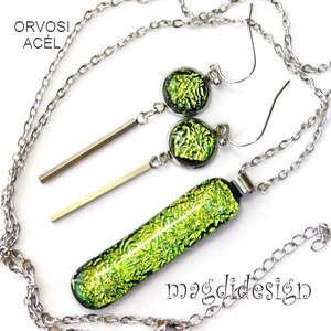 Exkluzív szikrázó zöld dichroic üvegékszer szett nyaklánc lógós fülbevaló - ékszer - ékszerszett - Meska.hu
