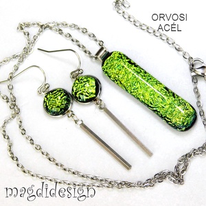Exkluzív szikrázó zöld dichroic üvegékszer szett nyaklánc lógós fülbevaló - ékszer - ékszerszett - Meska.hu