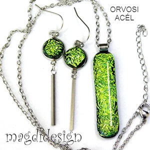 Exkluzív szikrázó zöld dichroic üvegékszer szett nyaklánc lógós fülbevaló - Meska.hu