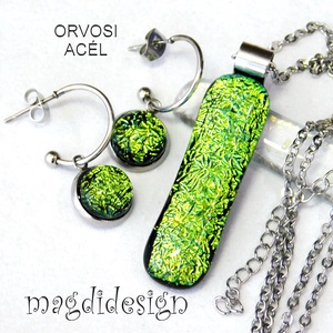 Exkluzív szikrázó zöld dichroic üvegékszer szett nyaklánc lógós fülbevaló 1 - ékszer - ékszerszett - Meska.hu