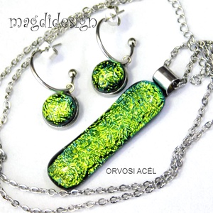 Exkluzív szikrázó zöld dichroic üvegékszer szett nyaklánc lógós fülbevaló 1 - Meska.hu