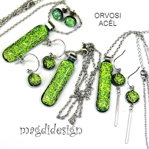 Exkluzív szikrázó zöld dichroic üvegékszer szett nyaklánc lógós fülbevaló 1 - ékszer - ékszerszett - Meska.hu