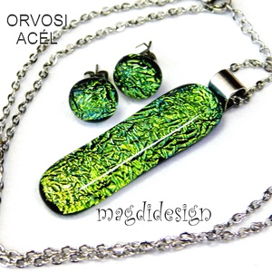 Exkluzív szikrázó zöld dichroic üvegékszer szett nyaklánc stiftes fülbevaló  - ékszer - ékszerszett - Meska.hu