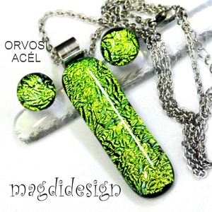 Exkluzív szikrázó zöld dichroic üvegékszer szett nyaklánc stiftes fülbevaló  - ékszer - ékszerszett - Meska.hu