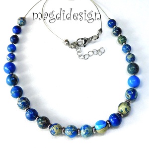 Kék tengeri jáspis ásvány nyaklánc, Ékszer, Nyaklánc, Gyöngyös nyaklánc, Ékszerkészítés, Gyöngyfűzés, gyöngyhímzés, MESKA