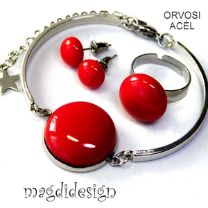 Meggypiros üvegékszer szett karkötő, gyűrű, stiftes fülbevaló   - ékszer - ékszerszett - Meska.hu