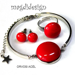 Meggypiros üvegékszer szett karkötő, gyűrű, stiftes fülbevaló   - ékszer - ékszerszett - Meska.hu