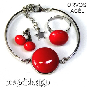 Meggypiros üvegékszer szett karkötő, gyűrű, stiftes fülbevaló  , Ékszer, Ékszerszett, Üvegművészet, Ékszerkészítés, MESKA
