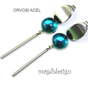 Türkiz üvegékszer lógós nemesacél fülbevaló - ékszer - fülbevaló - lógó fülbevaló - Meska.hu