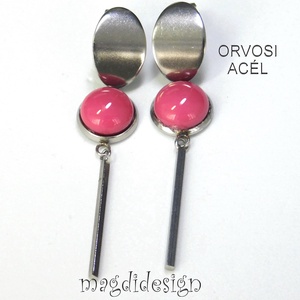 Mályvás rózsaszín üvegékszer lógós nemesacél fülbevaló - ékszer - fülbevaló - lógó fülbevaló - Meska.hu