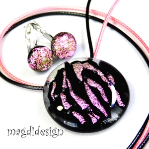 MAXI Rózsaszín fekete üvegékszer szett nyaklánc kapcsos fülbevaló  Anyák napjára, ballagásra, születésnapra, névnapra - Meska.hu