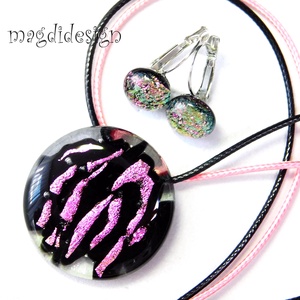 MAXI Rózsaszín fekete üvegékszer szett nyaklánc kapcsos fülbevaló  Anyák napjára, ballagásra, születésnapra, névnapra - ékszer - ékszerszett - Meska.hu