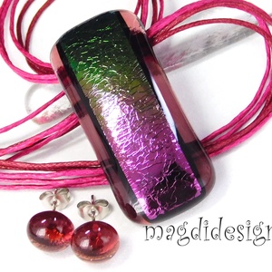 Exkluzív bíbor-zöld üvegékszer szett nyaklánc stiftes fülbevaló - Meska.hu