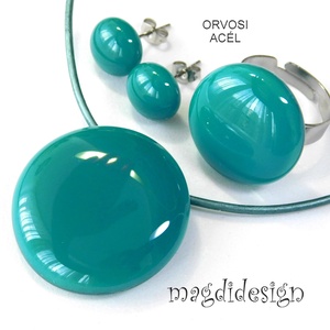 Türkiz üvegékszer szett, nyaklánc, gyűrű, pötty fülbevaló  - Meska.hu