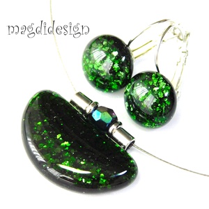 Zöld aventurin csillogás üvegékszer szett, nyaklánc, kapcsos fülbevaló 1 - Meska.hu