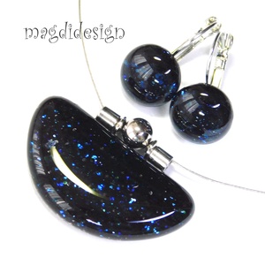 Kék  aventurin csillogás üvegékszer szett, nyaklánc, kapcsos fülbevaló 1 - ékszer - ékszerszett - Meska.hu