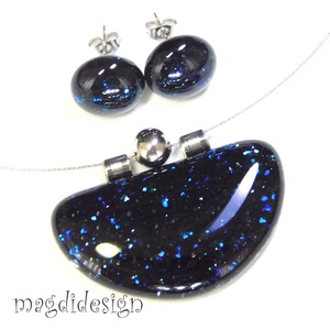 Kék  aventurin csillogás üvegékszer szett, nyaklánc, kapcsos fülbevaló 1 - ékszer - ékszerszett - Meska.hu