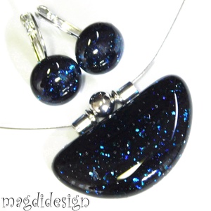 Kék  aventurin csillogás üvegékszer szett, nyaklánc, kapcsos fülbevaló 1, Ékszer, Ékszerszett, Ékszerkészítés, Üvegművészet, MESKA