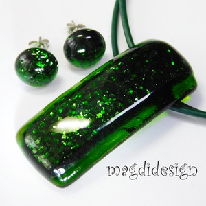 Eredeti zöld aventurin üvegékszer szett, nyaklánc, stiftes fülbevaló - ékszer - ékszerszett - Meska.hu