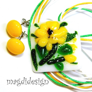 Napraforgó üvegékszer szett nyaklánc, stiftes fülbevaló - Ovodai ballagásra, Anyák napjába, névnapra, Ékszer, Ékszerszett, Ékszerkészítés, Üvegművészet, MESKA