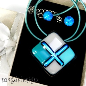 Absztrakt türkiz-beige üvegékszer szett   Anyák napjára, ballagásra, születésnapra, névnapra, Ékszer, Ékszerszett, Ékszerkészítés, Üvegművészet, MESKA