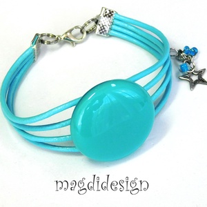 Türkiz-kék kerek üvegékszer karkötő - ékszer - karkötő - karkötő medállal - Meska.hu