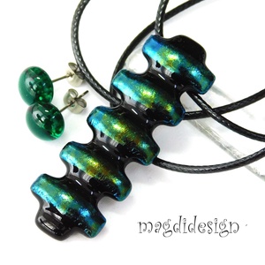 Türkizcsíkos eozinos üvegékszer szett nyaklánc stiftes fülbevaló - ékszer - ékszerszett - Meska.hu