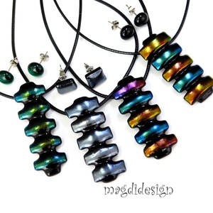 Türkizcsíkos eozinos üvegékszer szett nyaklánc stiftes fülbevaló - ékszer - ékszerszett - Meska.hu