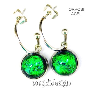 Színjátszó smaragzöld dichroic üvegékszer stiftes lógós nemesacél fülbevaló, Ékszer, Fülbevaló, Lógó fülbevaló, Ékszerkészítés, Üvegművészet, Színjátszó smaragdzöld-kék, dichroic ékszerüveg felhasználásával készült a lógós, stiftes fülbevaló..., MESKA