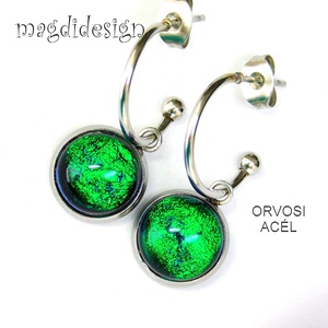 Színjátszó smaragzöld dichroic üvegékszer stiftes lógós nemesacél fülbevaló - ékszer - fülbevaló - lógó fülbevaló - Meska.hu