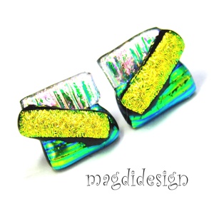 Kék-zöld-ezüst borzaska dichroic üvegékszer fülbevaló - ékszer - fülbevaló - pötty fülbevaló - Meska.hu
