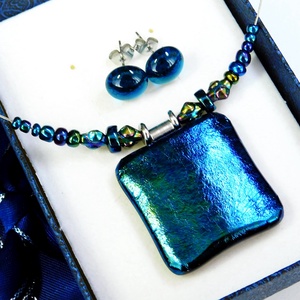 Kék-türkiz eozin üvegékszer szett nyaklánc stiftes fülbevaló  - Meska.hu