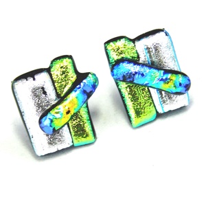NEMESACÉL! Kék-ezüst-arany  borzaska dichroic üvegékszer stiftes fülbevaló  - Meska.hu