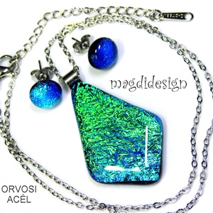  NEMESACÉL! Szikrázó zöld-kék-türkiz dichroic üvegékszer szett nyaklánc stiftes fülbevaló - ékszer - ékszerszett - Meska.hu