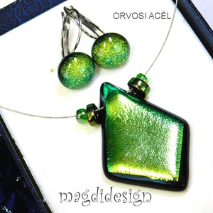  NEMESACÉL! Selyem zöld dichroic üvegékszer szett nyaklánc kapcsos fülbevaló - ékszer - ékszerszett - Meska.hu