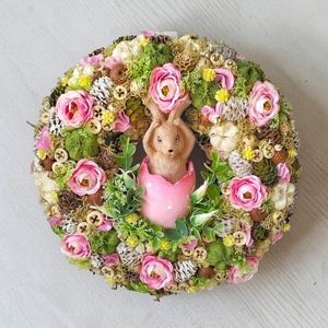 Nyuszi tojásban -Húsvéti ajtódísz, Ünnepi díszek, dekorációk, Húsvéti díszek és dekorációk, Húsvéti ajtódísz, kopogtató, Virágkötés, Festett tárgyak, MESKA