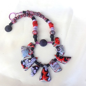 Harlekin mokume gane polymer clay nyaklánc egyedi medálgyöngyökkel - ékszer - nyaklánc - medálos nyaklánc - Meska.hu