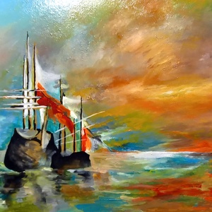 Bárkák apálykor olaj-akril mixed media festmény vászonkartonra, keret nélkül - művészet - festmény - olajfestmény - Meska.hu