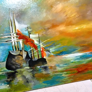 Bárkák apálykor olaj-akril mixed media festmény vászonkartonra, keret nélkül - művészet - festmény - olajfestmény - Meska.hu