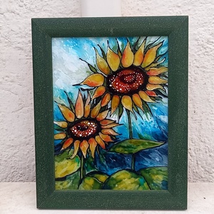 Napraforgók üvegfestmény üvegen, keretben, 29x23, Művészet, Festmény, Üvegfestmény, Festészet, MESKA