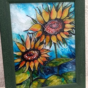Napraforgók üvegfestmény üvegen, keretben, 29x23 - művészet - festmény - üvegfestmény - Meska.hu