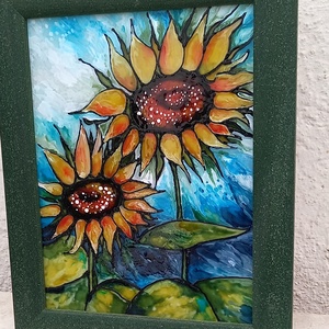 Napraforgók üvegfestmény üvegen, keretben, 29x23 - művészet - festmény - üvegfestmény - Meska.hu