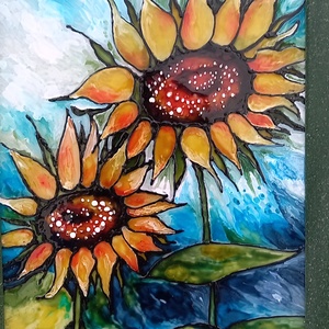 Napraforgók üvegfestmény üvegen, keretben, 29x23 - művészet - festmény - üvegfestmény - Meska.hu