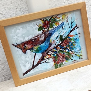 Madárka az ágon üvegfestmény üvegen, keretben, 25x20 - művészet - festmény - üvegfestmény - Meska.hu