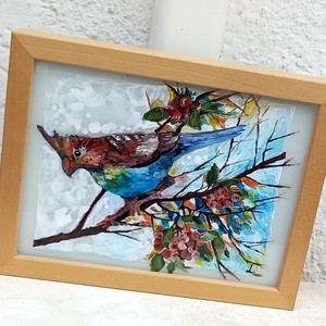 Madárka az ágon üvegfestmény üvegen, keretben, 25x20 - művészet - festmény - üvegfestmény - Meska.hu