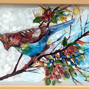 Madárka az ágon üvegfestmény üvegen, keretben, 25x20 - művészet - festmény - üvegfestmény - Meska.hu