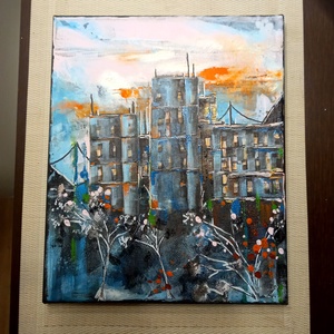 A felkelő Nap háza akrilfestmény fekete feszített vásznon, 25x30, keret nélkül, Művészet, Festmény, Akril, Festészet, MESKA
