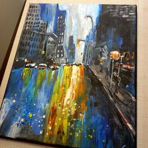 Éjszakai sugárút akrilfestmény fekete feszített vásznon, 25x30, keret nélkül - Meska.hu